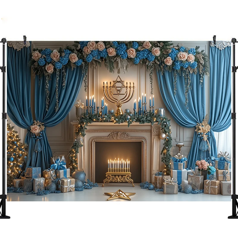 LS Photography Background Christmas Fireplace Blue Curtain Flowers Xmas Tree Kids Family Portrait Decor Backdrop Photo Studio