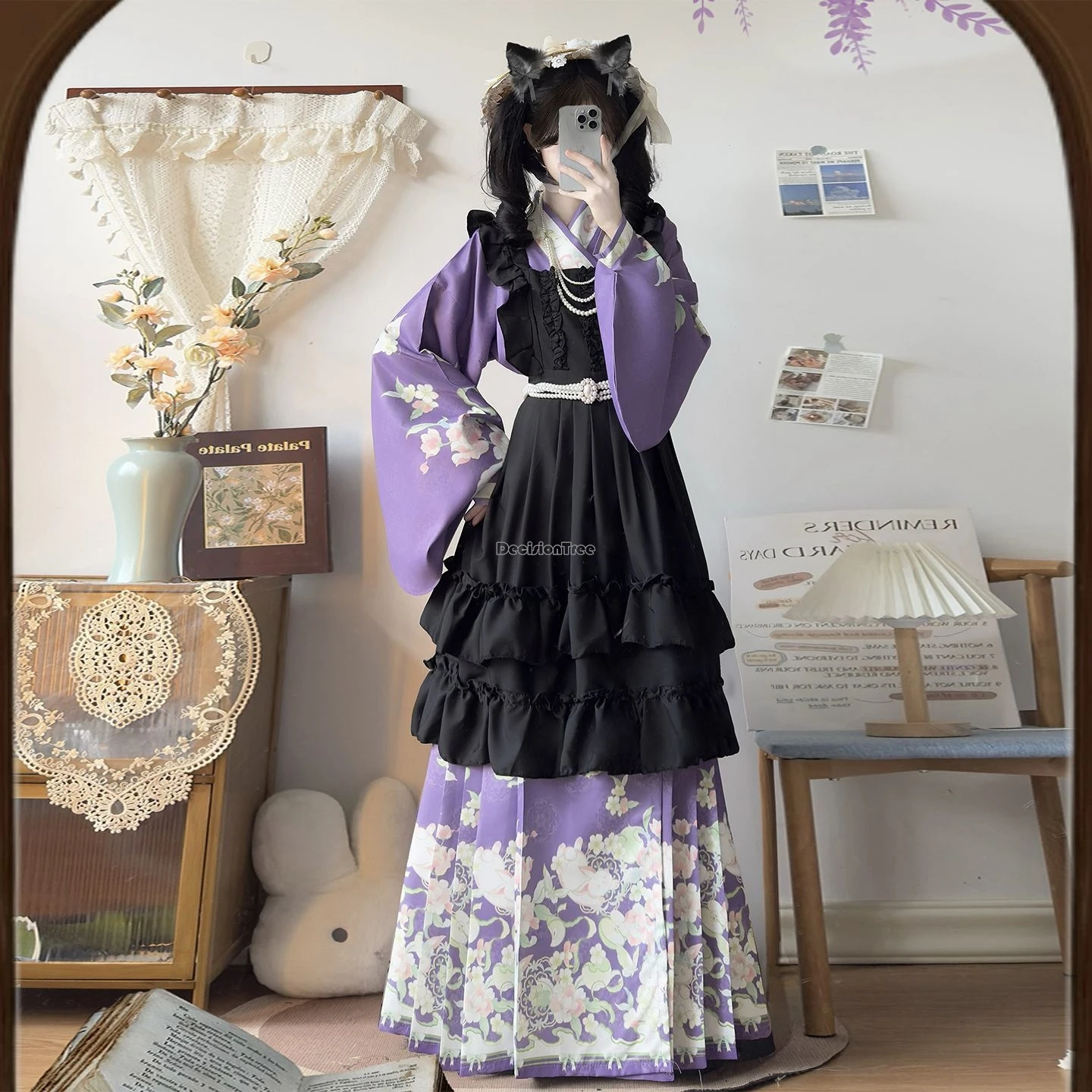 

2025 winter autumn chinese ming dynasty printed style long big sleeve blouse pleated hanfu set loose fashion style lolita set