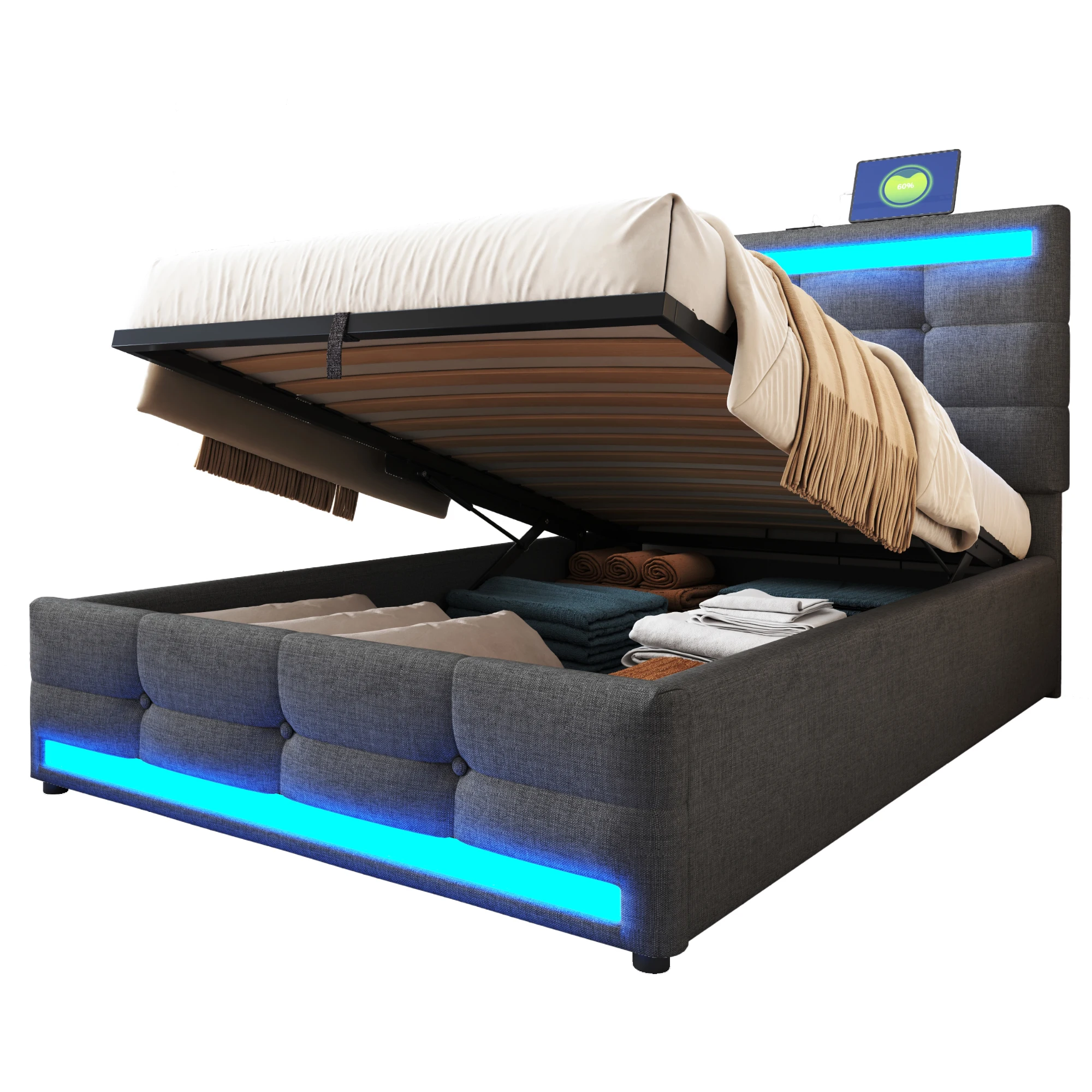 MODFU gestoffeerd bed 90×200 jeugdbed zonder matras met USB-kleurveranderende LED-verlichting, bedframe met bedbodem - afbeelding 2