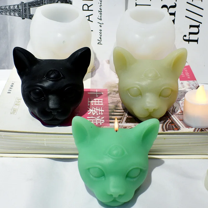 

3 New Evil Cat Head Silicone Candle Mold Gypsum form Carving Art Aromatherapy Plaster Home Decoration Mold Wedding Gift Handmade