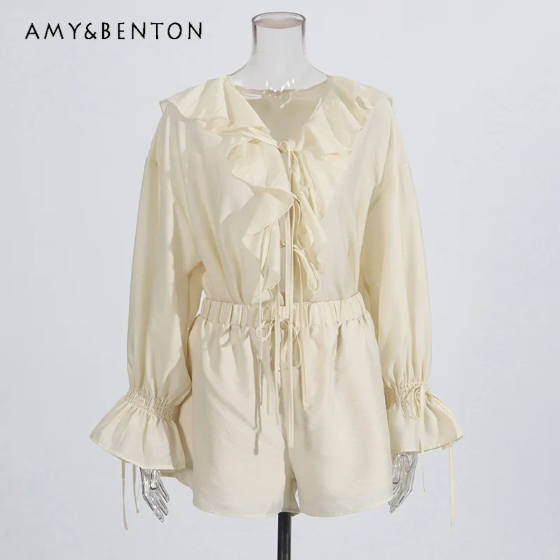 

French Casual Style V-neck Loose Ruffle Edge Women's Top Original Design 2026 New Solid Color Drawstring Shorts Suits Ladies