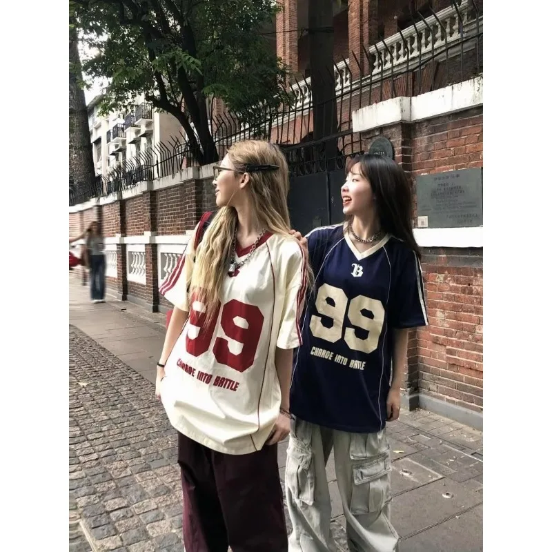 

Vintage Loose Sports V-neck T Shirts No.99 Oversized T-shirt Women Streetwear Hip Hop Loose Casual Y2k Top Women Pajamas