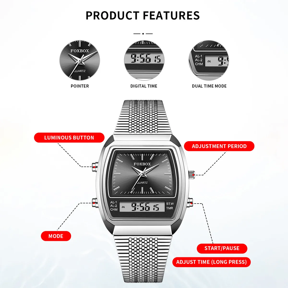 FOXBOX mode montres décontractées hommes numérique double temps semaine 30 M étanche montres à Quartz horloge d'affaires relogio masculino + boîte