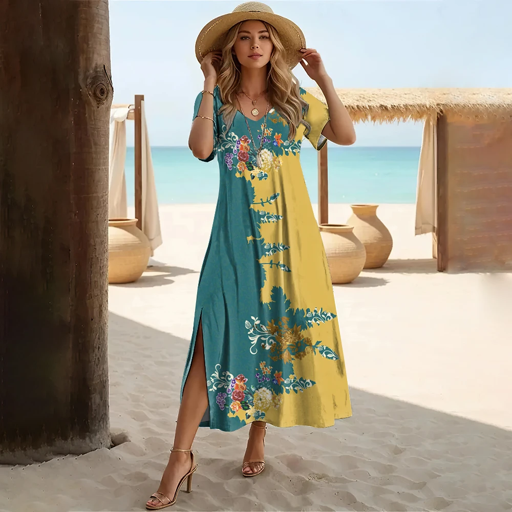Robes décontractées à col en v pour femmes, été, plage en plein air, imprimé Floral, Style Patchwork, robes bohème hawaïennes, nouvelle collection 2025