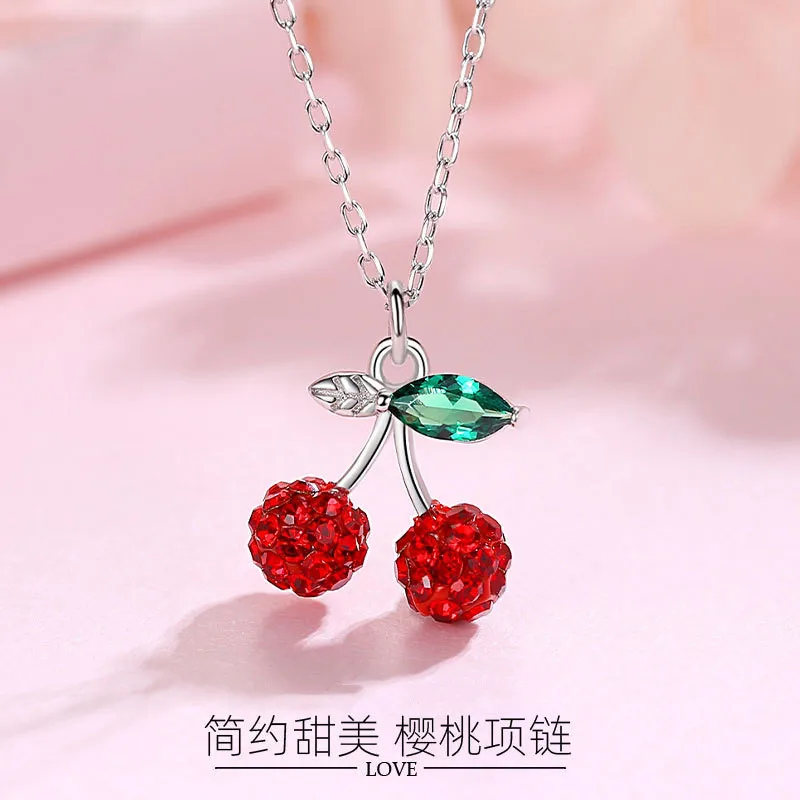 New Flash Full Of Crystal Red Small Cherry 925 Sterling Silver Jewelry Temperament Fruit Clavicle Chain Pendant Necklaces  XL152