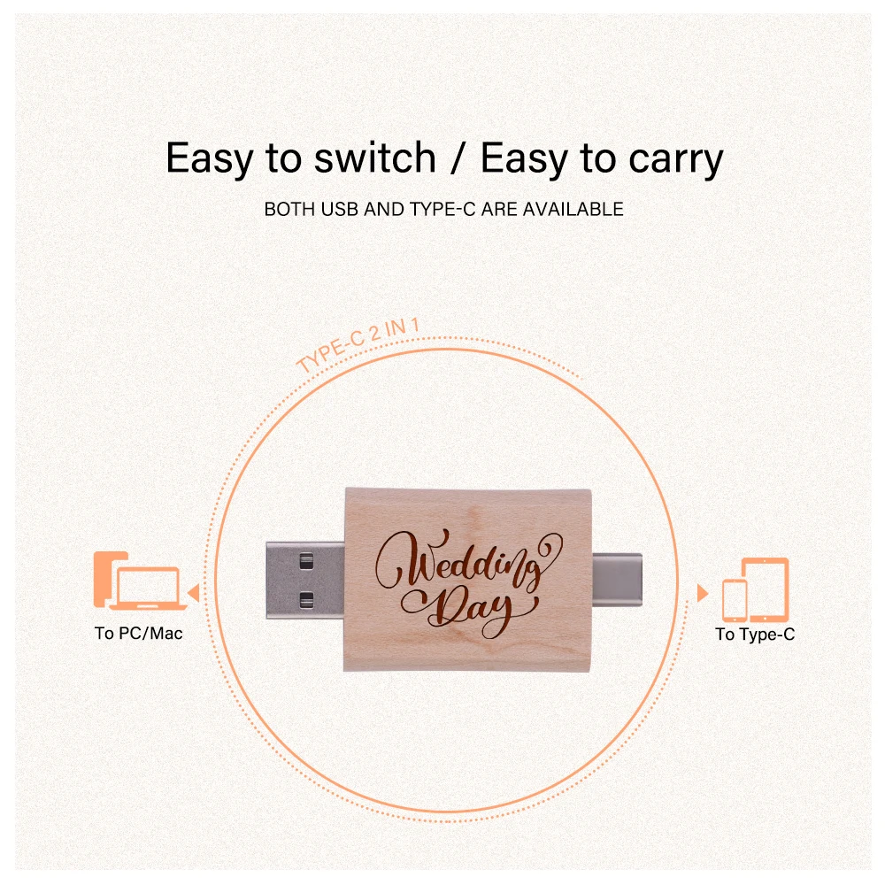 TYPE-C 2 ใน 1 แฟลชไดรฟ์ USB ไม้ 128GB Ree โลโก้ที่กําหนดเอง Memory Stick 64GB รูปไข่หรือไดรฟ์ปากกาหมุนได้ 32GB ของขวัญสร้างสรรค์