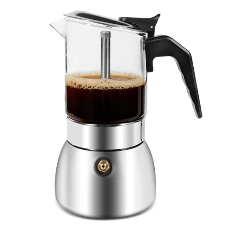

Moka Pot Stovetop Espresso Maker Crystal Glass-Top and 304 Stainless Steel Italian Coffee Brewer 300ml 6-Cup Espresso Pot for H