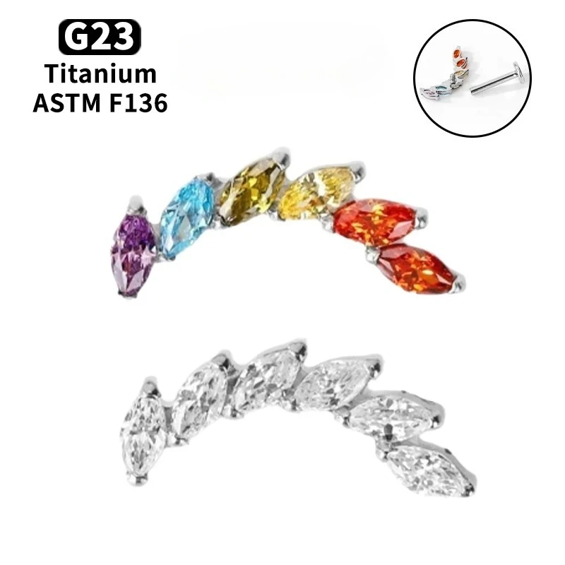 16G G23 Titan Marquise CZ Ohrstecker Mehrfarbiger Labret Flacher Rücken Körperschmuck für Knorpel