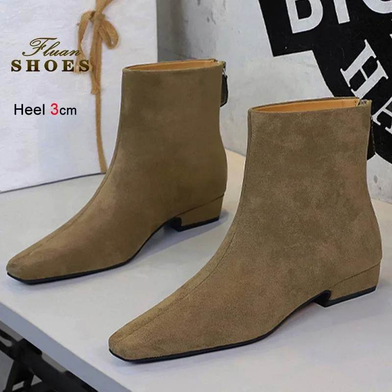 

New Fashion Women's Ankle Boots Coarse Heel Rear Zipper Suede Short Boots 3CM Medium Heel Retro Ladies Shoes Autumn Winter Boots