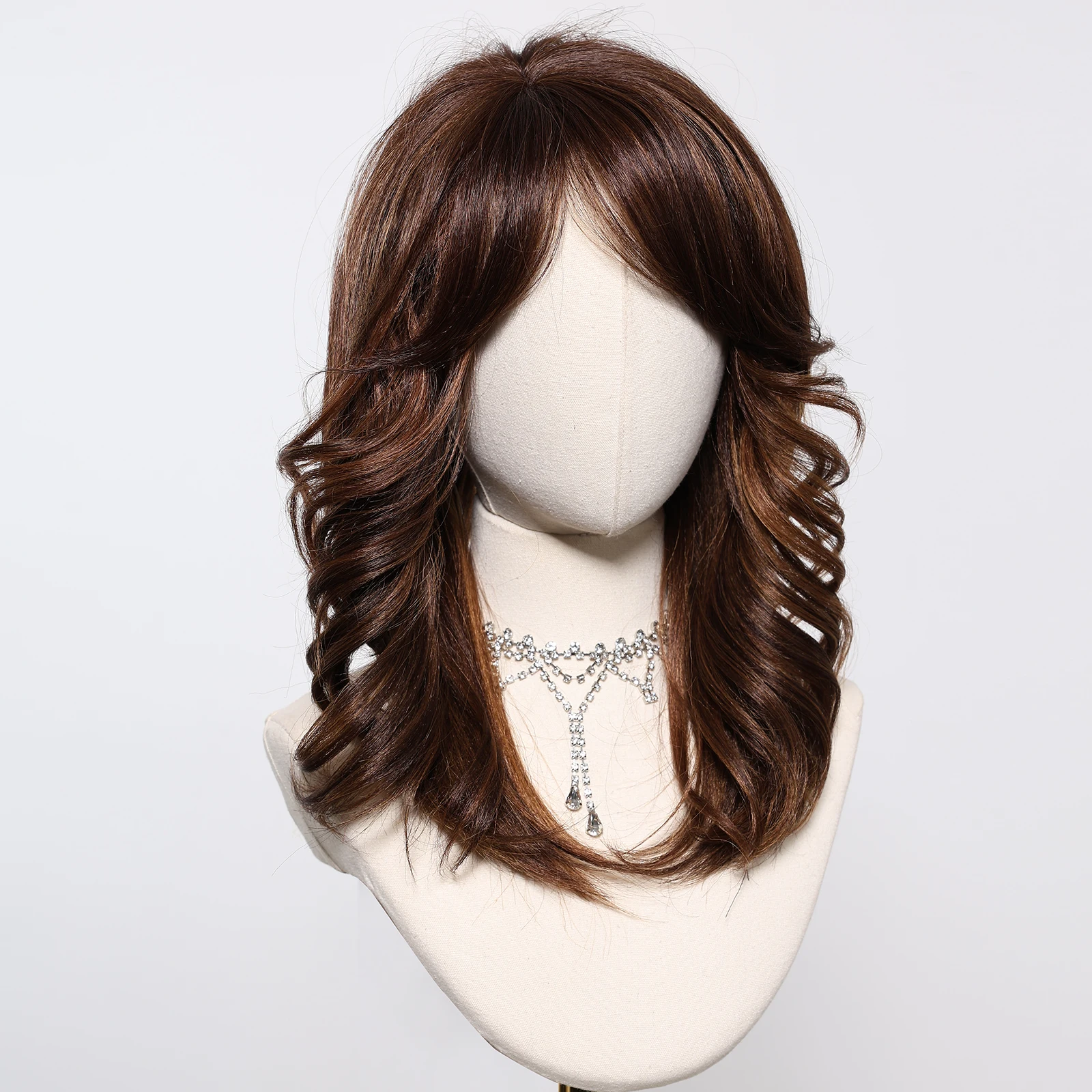 Medium Length Synthetic Wigs Brown Highlight Wavy Wig with Bangs YAKI Soft Hair for Women Daily Cosplay Heat Resistant Fiber