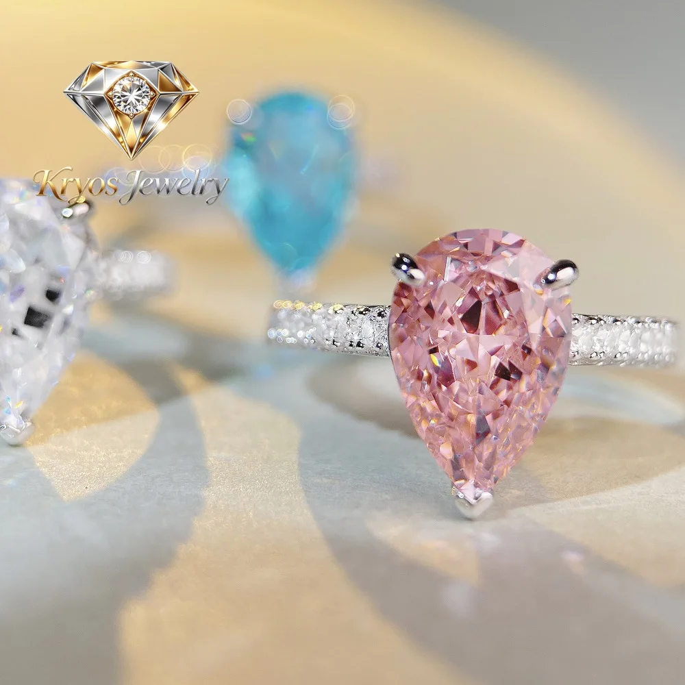 

Kryos Jewelry Luxury Solid Platinum PT950 Women's Pink Diamond Ring Water Drops Ice Flower Cut Moissanite Diamond Ring