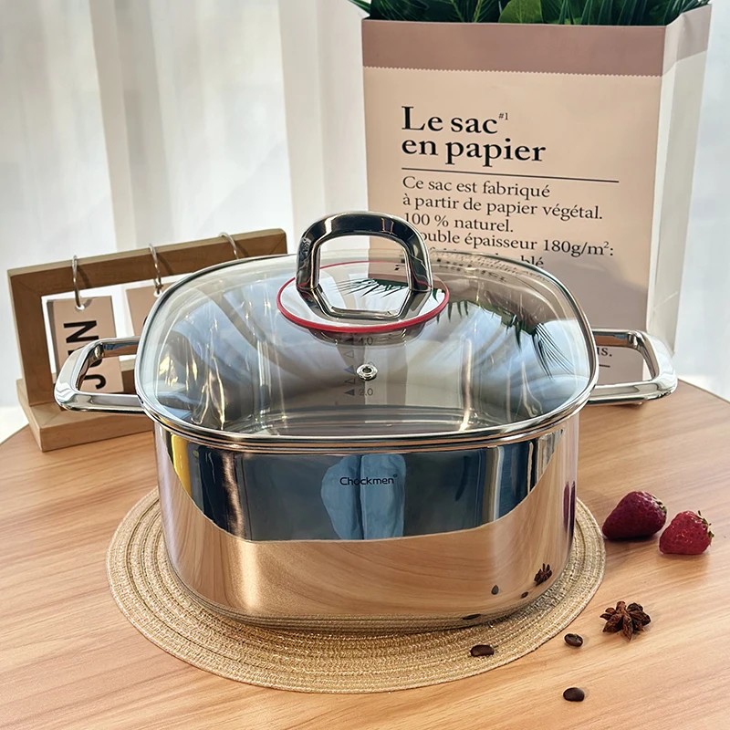 

‌ Квадратная кастрюля для супа из нержавеющей стали, сверхмощный вок для жарки, многофункциональная кастрюля для тушения с крышкой, горячая кастрюля с двойной ручкой