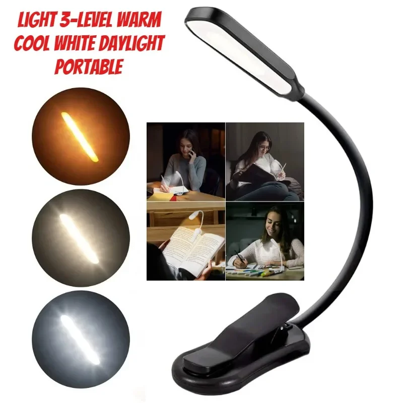 Bendable Gooseneck Clip Reading Lamp 3 Light Modes USB Charging Portable LED Book Light For Travel Bed Student Study Work