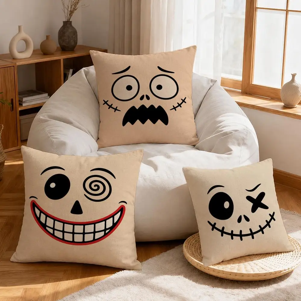 Pattern Spooky Smile Faces Cushion Cover Linen Anti-Mite Antibacterial Cushion Cover Invisible Zipper Sofa Decor