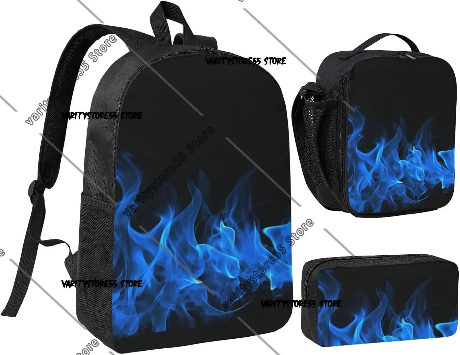3PCS Blue Flame Backpack Set with Insulated Lunch Box Pencil Pouch Shoulder Lunch Bag and Pencil Case