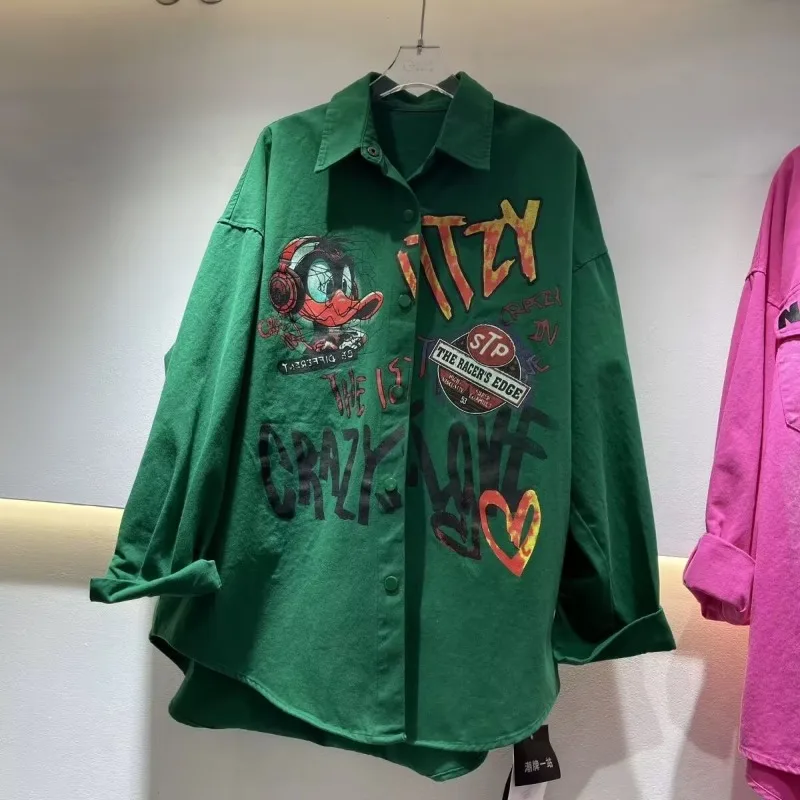 

Pure Cotton Retro Shirts for Women Spring Autumn New Cartoon Donald Duck Print Clothes Loose Casual Jacket for Women Pink Tops