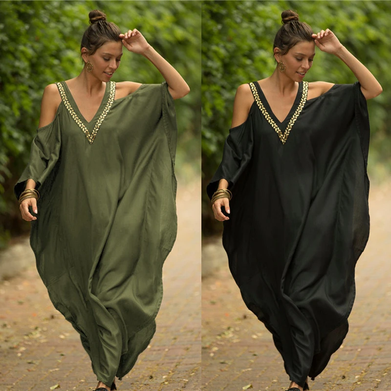 Solid Color Casual Loose Bikini Cover-ups Tunic Sexy Drop Shoulder Summer Beach Dress Women Beach Wear Swim Suit Cover Up