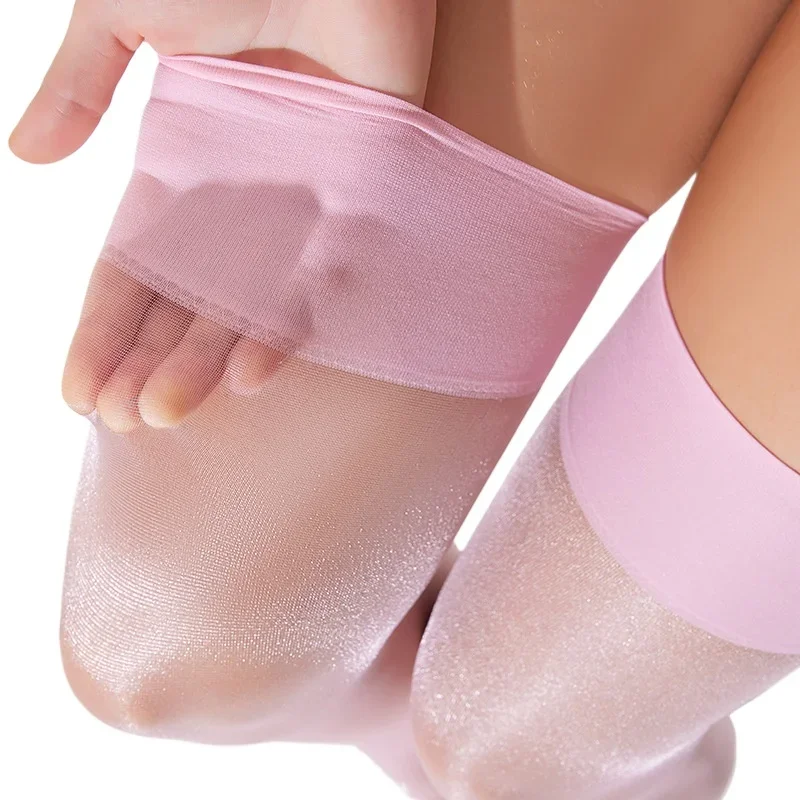 1Pcs Pink Stockings Erotic Slightly Shining Silky Hosiery Wide Tube Women Thigh High Stocking Sexy Over Knee Long Socks