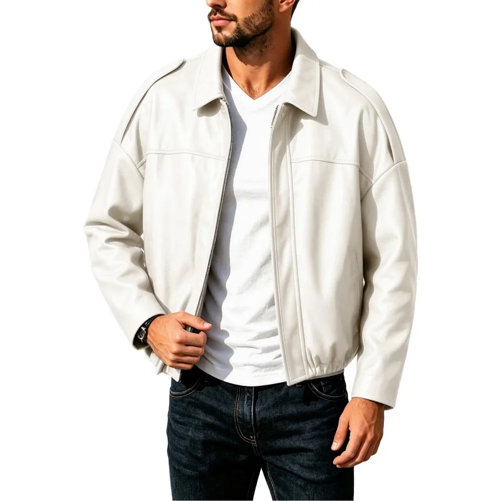 Men's Polyester Leather Jacket Solid Color Fashion Design with Lapel Collar and Practical Pocket for Warm Weather
