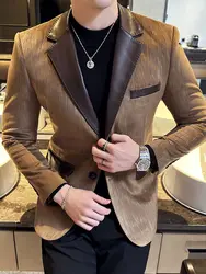 Male Coats Spring Autumn Leather Men's Jackets Splicing Blazers Trendy Joker Vintage Casual Luxury Designer Korean Reviews Many