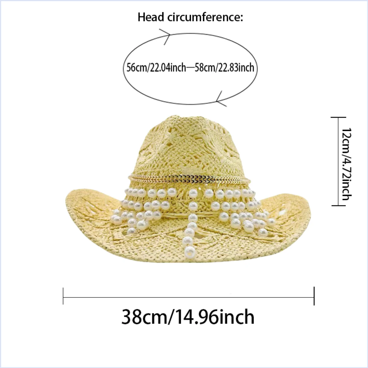 HongLuan Vintage Cowboy Straw Hat Man for Cowboy Hat Party - หมวกคาวบอยตะวันตกสําหรับผู้หญิงหรูหราด้วยไข่มุกเทียม