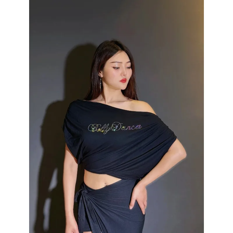 Customized 2Pcs Modal Slanted Shoulder Top Wrapped in Skirt Hot Diamond Off Shoulder Belly Dance Costumes Top+Skirt Suit Set