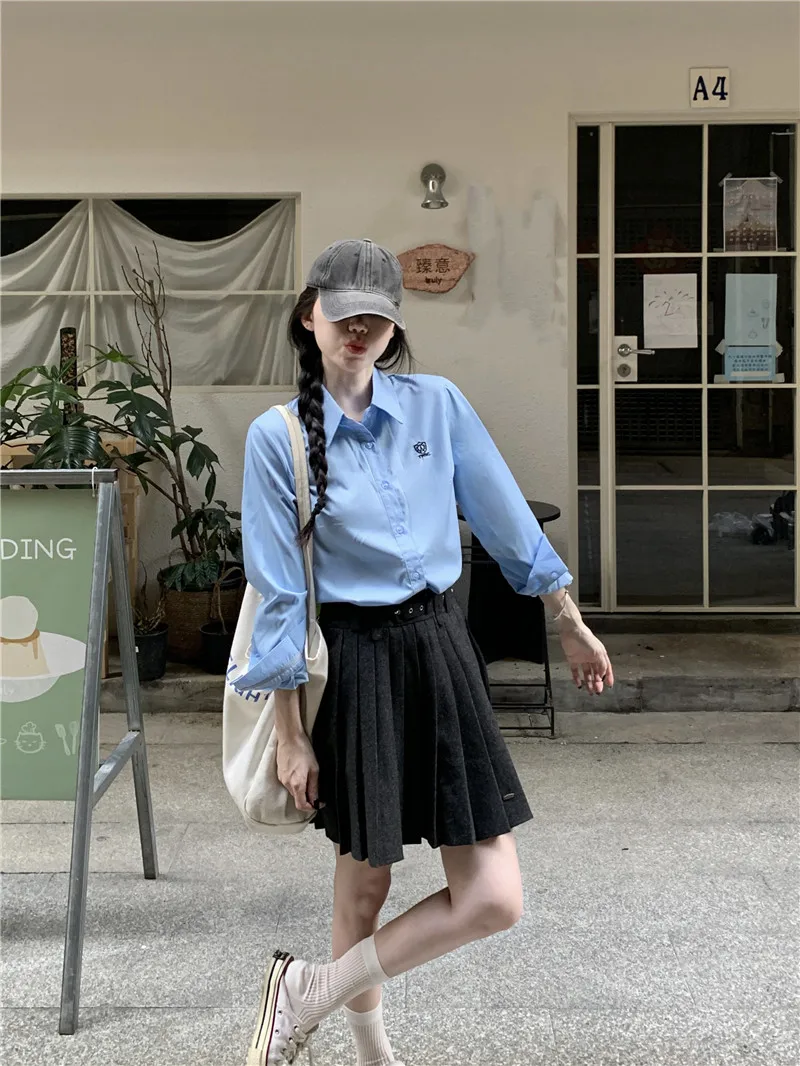 

Зима 2025 г., женский комплект с воротником и юбкой, корейский однотонный комплект для колледжа Faion Long Sve, повседневная одежда