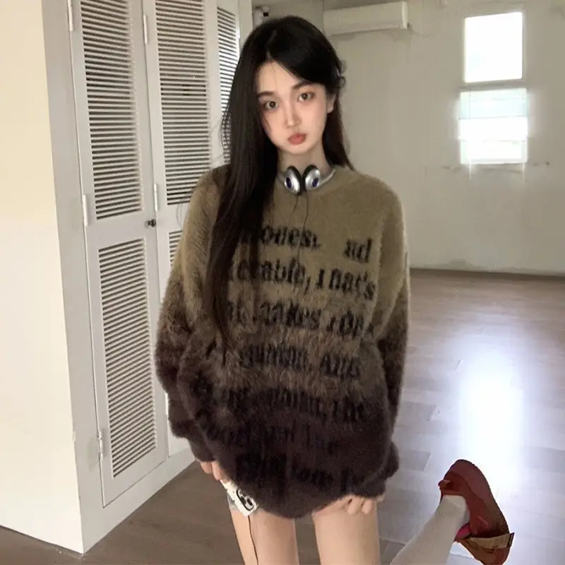 Lazy Style Letter Jacquard Gradient Pullover Sweater for Women Loose and Versatile Soft and Sticky Knit Sweater