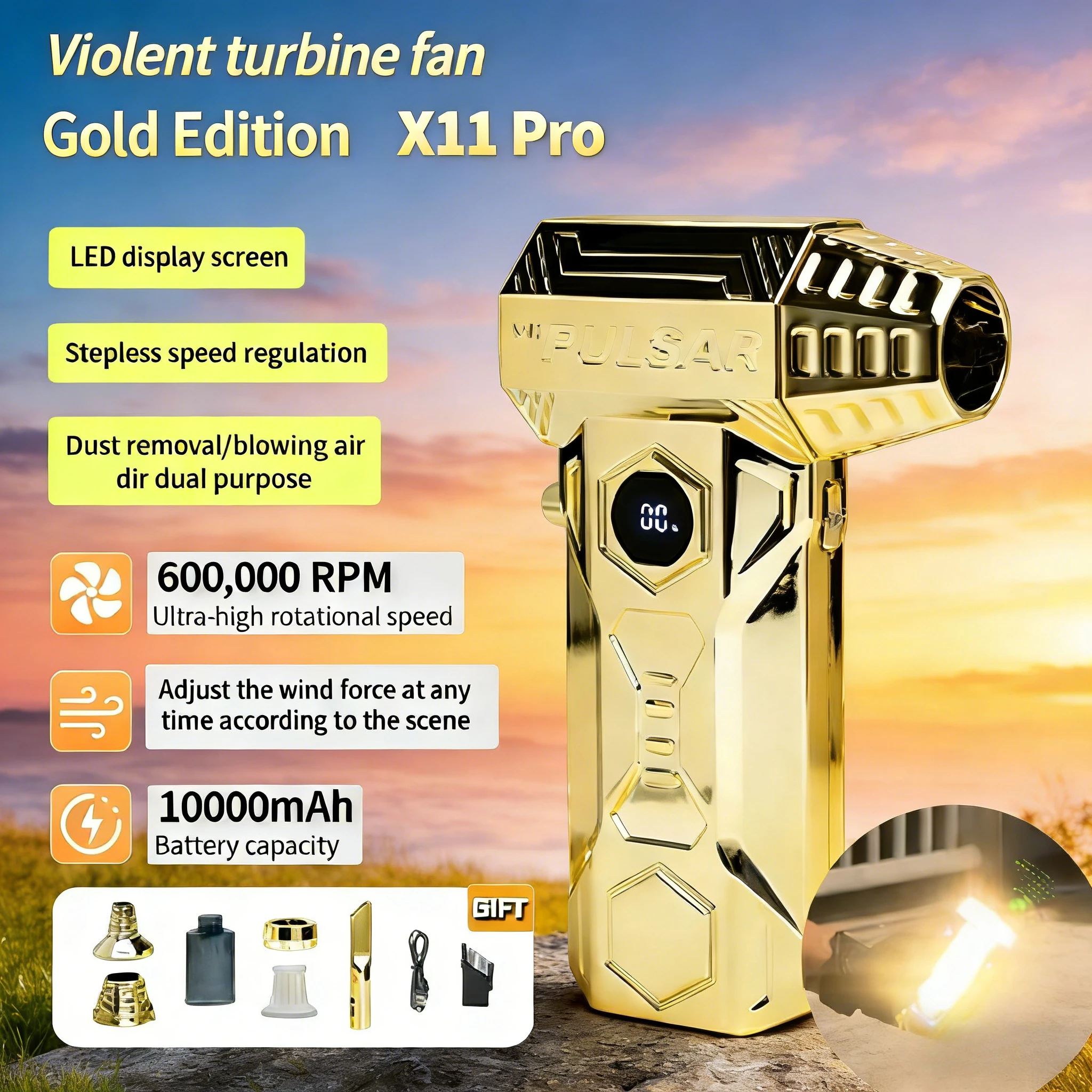 

Вентилятор Gold X11 Violent Turbo | Высокоскоростная ручная воздуходувка 580000 об/мин | Мини-воздуходувка для кемпинга и активного отдыха