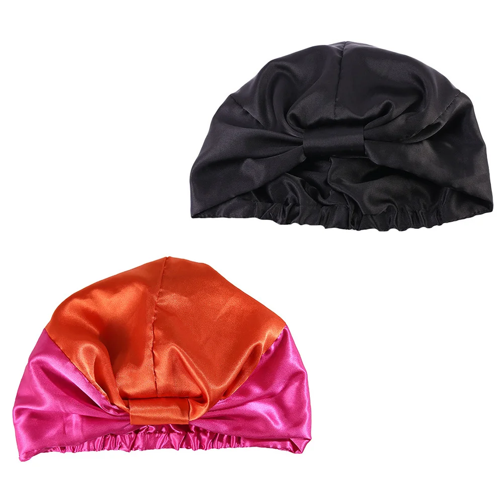 

2 Pcs Double Color Silk Sleep Caps Durable Lightweight Comfortable Turban Headdress Women Hats Non Fading Long Lasting