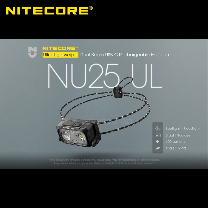 Ultra Lightweight NITECORE NU25 UL 400 Lumens Dual Beam USB-C Rechargeable Headlamp Built-in Li-ion Battery