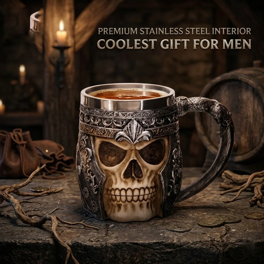 Stainless Steel Roman Helmet Skull Mug - Gothic Viking Skull & Bones Coffee Cup, Medieval Warrior Beer Stein Tankard, Halloween