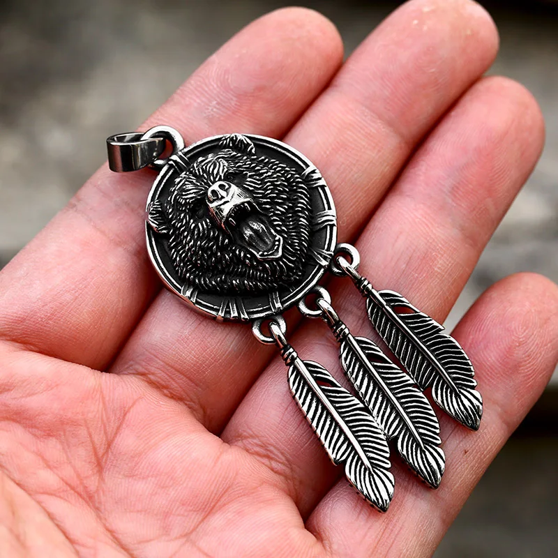 Beier stainless steel Amulet Viking Slavic God Symbol Warding Veles Bear Paw feather Pendant Necklace Jewelry BP8-1146