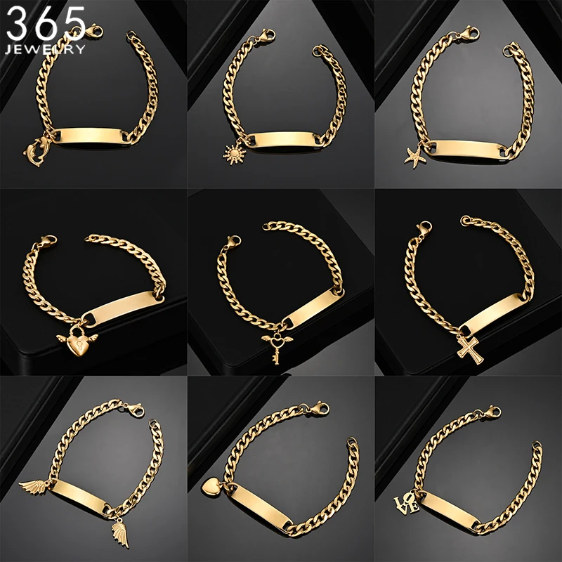 

Custom Name ID Bar Chain Bracelet For Men Stainless Steel Engraving Name Gold Color Party Cross Heart Charming Pendant Jewelry