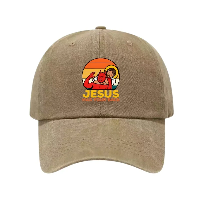 JESUS HAS YOUR BACK Printed Washed Cotton Adjustable Baseball Cap Snapback Dad Hat Breathable Hat Golf Fishing Outdoor Sun Cap