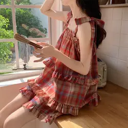 Plaid Women Pajamas Shorts Set Korean Ruffles Sleepwear Pijama Set 2 Pieces Summer Nightwear Sleeveless Home Suit Pijama 2024