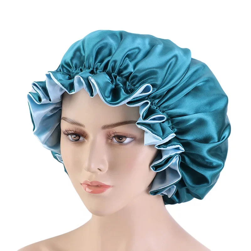 Satin Bonnet  Sleeping Cap Double Color Ding Big Lace Nightcap Extra Large Round Cap Hair Care Hair Shower Caps