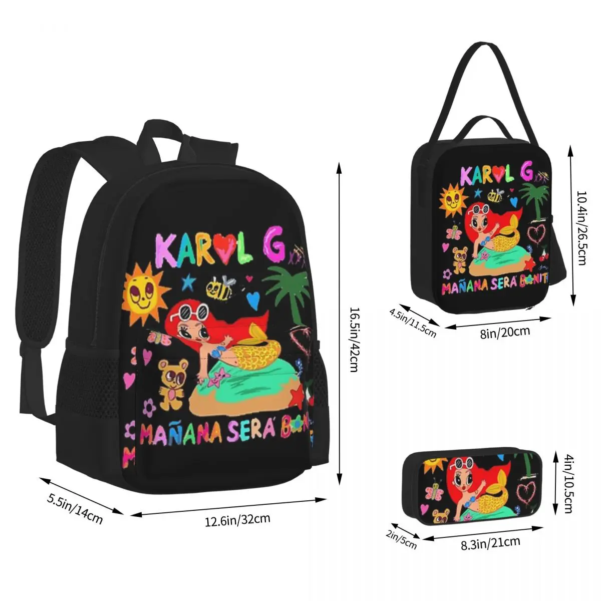 Manana sera bonito karol g mochila escolar para meninos e meninas, mochila, lancheira, saco de caneta, conjunto de 3 peças