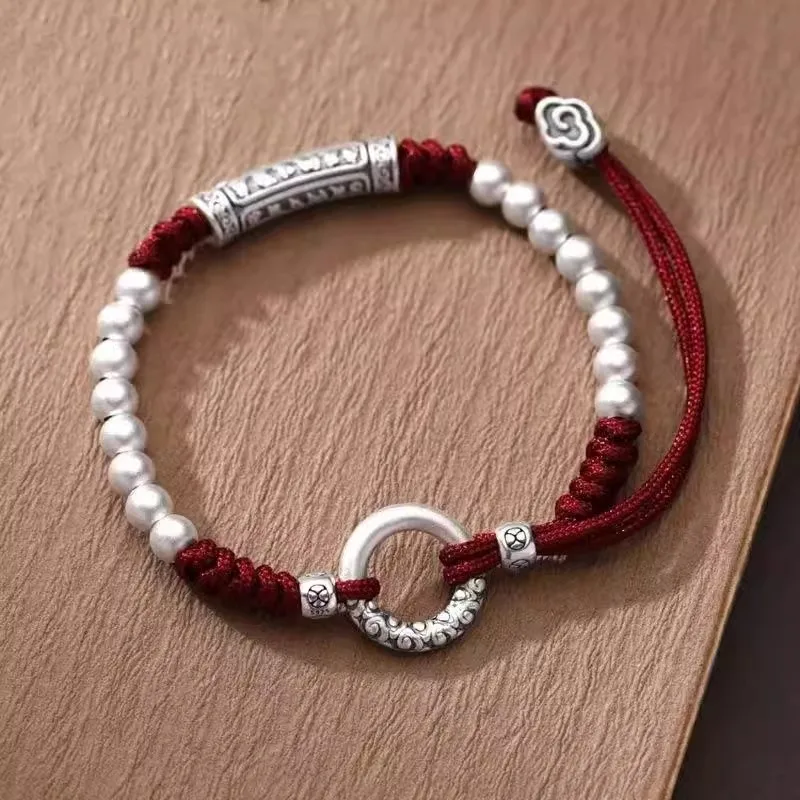 

Six Character Mantra Peace Buckle Retro Style Handmade Beaded Red Bracelet for Men and Women Chinese Zodiac Year Gifts