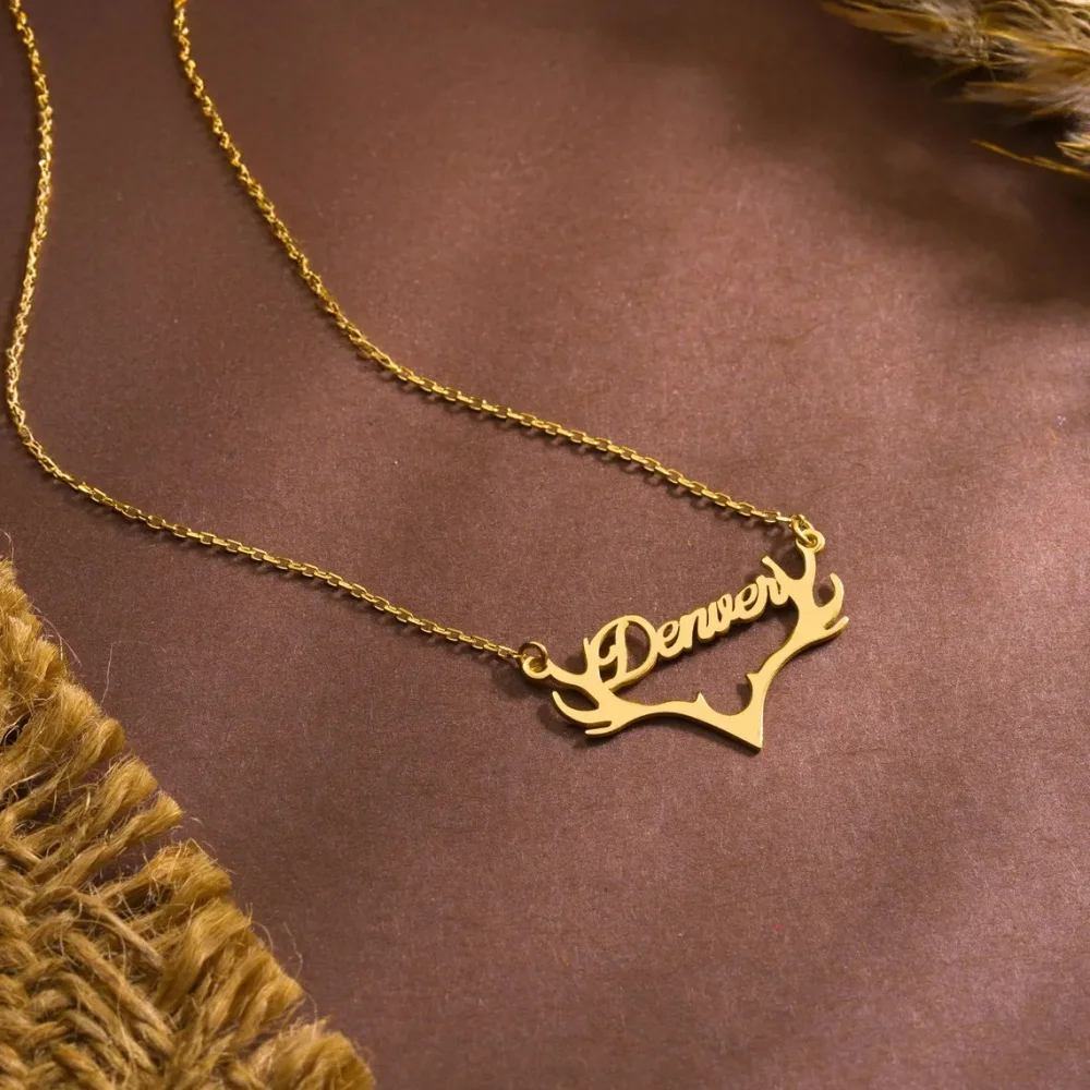 Personalized Antlers Name Necklace Women Custom Stainless Steel Nameplate Necklace Christmas Jewelry Hunter Gift For Her