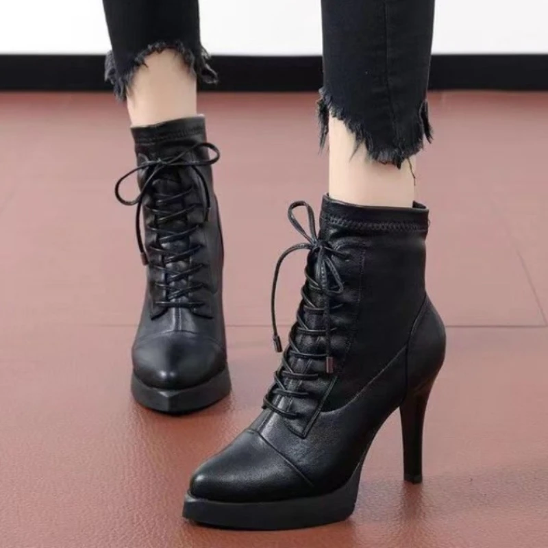 Women\'s Ankle Boots Lace Up Short Shoes Women\'s High Heels Pointed Toe Short Boots Sexy Stilettos or Thin Heels Fashion Boots