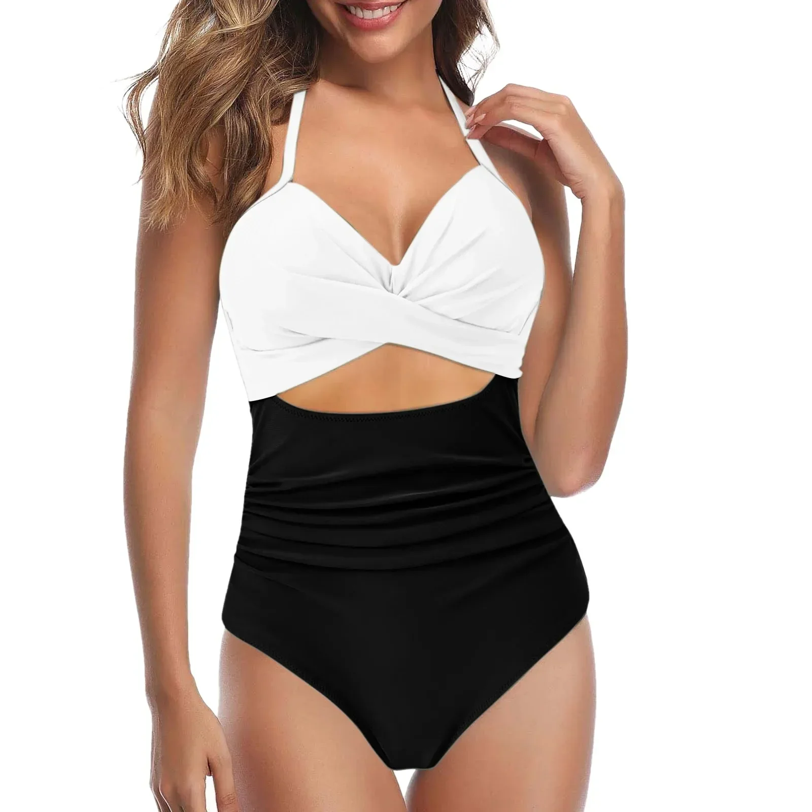 Cor sólida push up roupa de banho halter cordão rendas até criss cross plissado maiô de uma peça sexy oco para fora biquíni de cintura alta