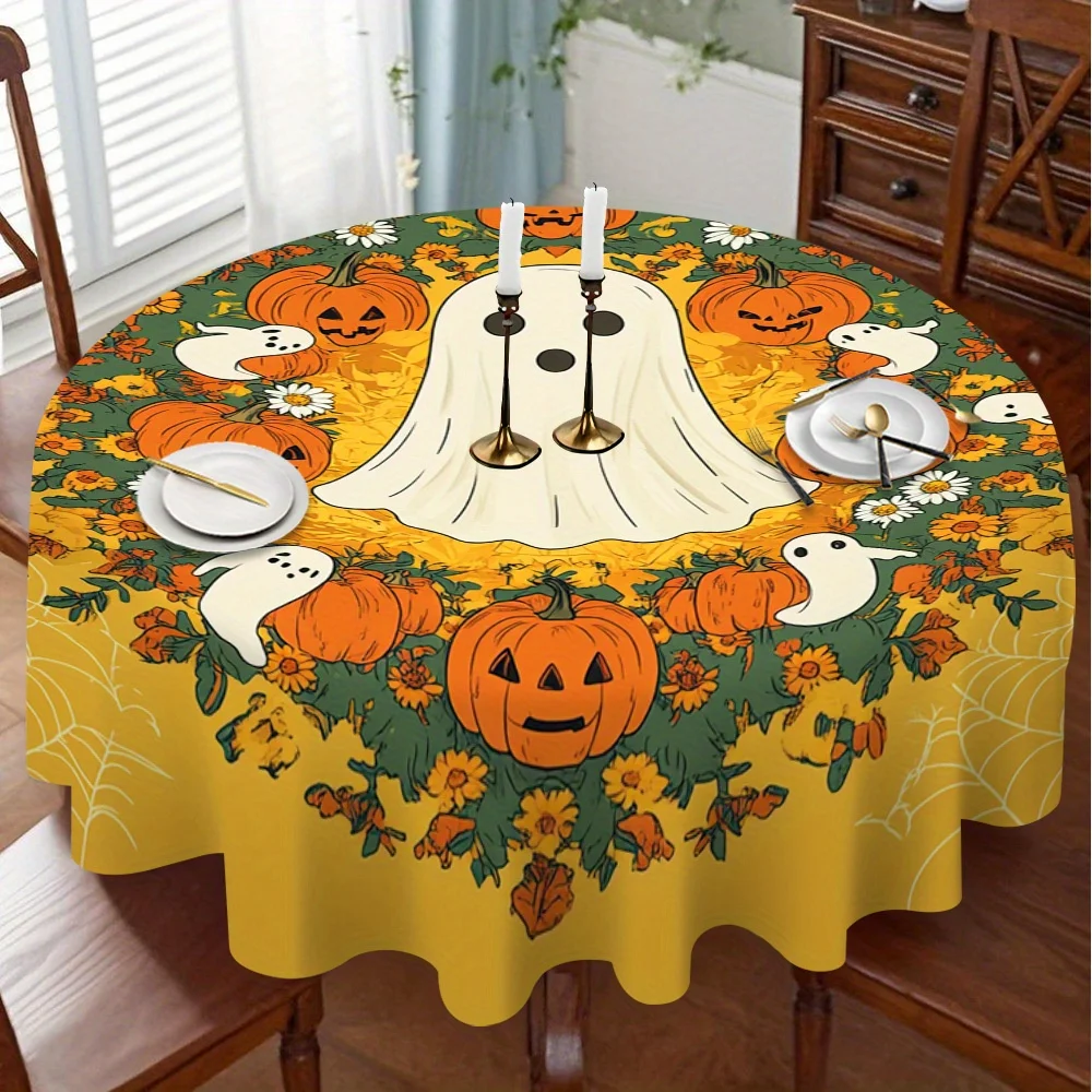 One Halloween-themed circular tablecloth, Halloween table decoration, woven polyester material.