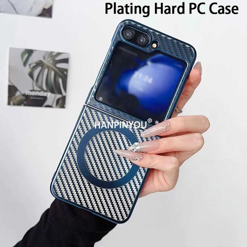 Luxury Plating Carbon Fiber Pattern Clear Case For Samsung Galaxy Z Flip 6 Flip5 Flip4 3 Magnetic Charge Shockproof Hard Cover