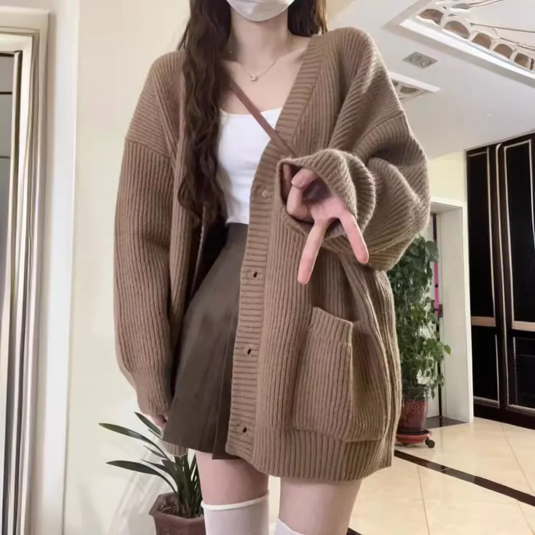 Autumn Women Cardigan Sweater Coats Fashion Female Long Sleeve V-neck Loose Knitted Jackets Casual Sweater Cardigans NS5909