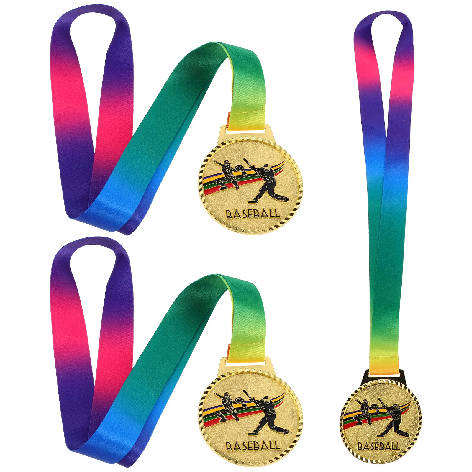 3pcs Baseball Gold Medals with Engraved Metal Discs & Neck Ribbons for Tournament Awards and Competition Prizes