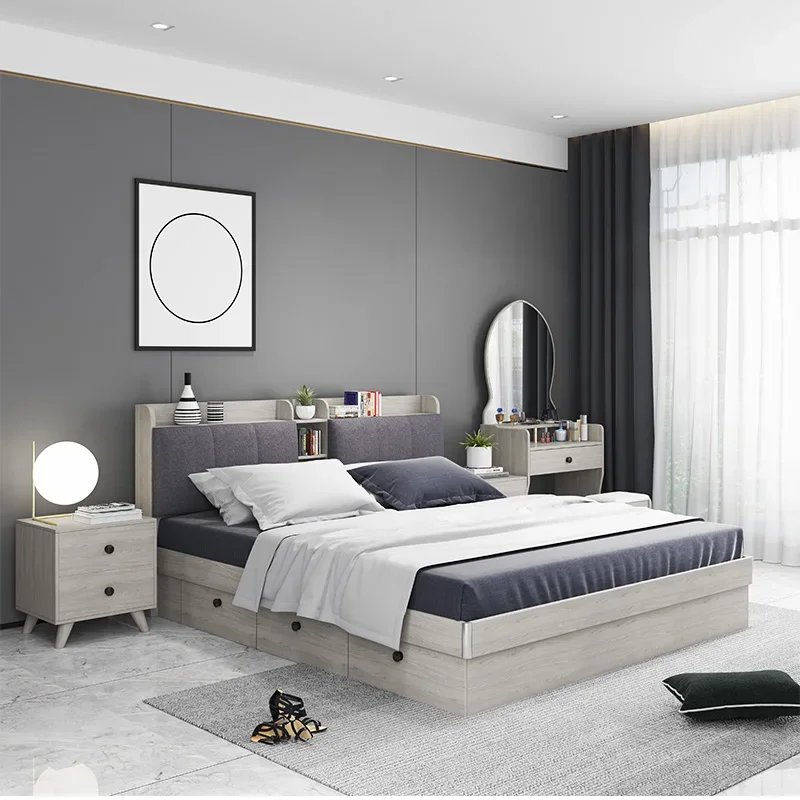 Nordic storage high box bed simple modern economical bedroom 1.5 meters 1.8 bedroom size apartment with pumping bed