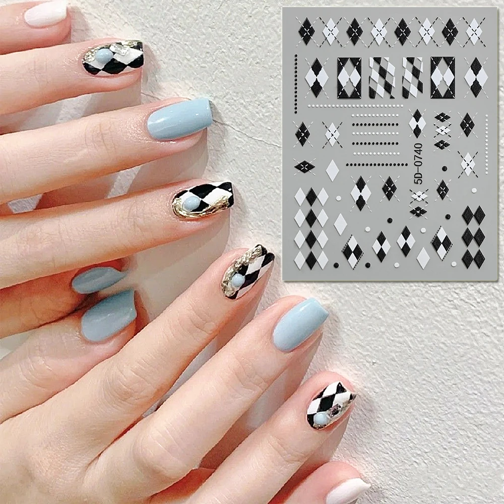 5D Black White Embossed Checkered Nail Decals Y2K Relief Geometric Rhombus Nail Decorative Sliders For Press On Nails Nail Decor