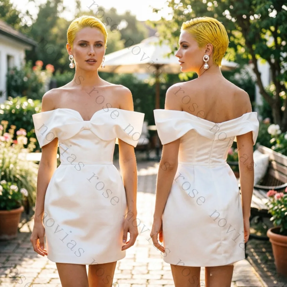 Customized Satin Mini Wedding Dress Off Shoulder Bow Detail Short Bridal Gown 2026 Elegant Party Reception Cocktail White Dress