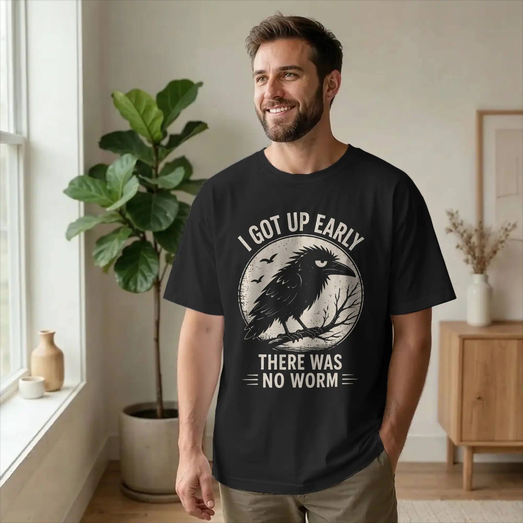 Men's T-Shirt I Got up Early There Was No Worm Funny Cotton Tees Short Sleeve Funny Bird T Shirts Round Neck Clothing Unique